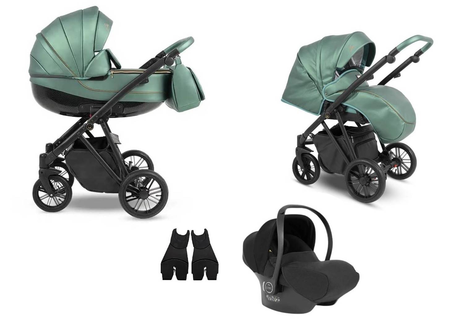 Wielofunkcyjny wózek 3w1 Zeo Eco 04 w zielonym kolorze – gondola, spacerówka i fotelik z adapterami Maxi-Cosi, idealny zestaw dla nowoczesnych rodziców.